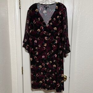 Roz & Ali Black Midi Dress with Burgundy and Pink Floral Print